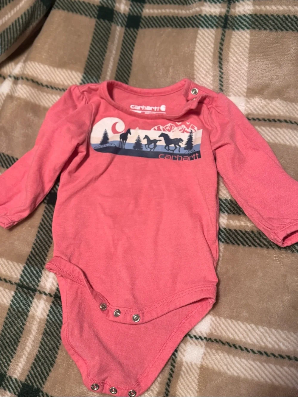Carhartt Coral Pink Long-Sleeve Baby One-Piece with Horse Graphic